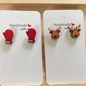 Handmade Wooden Red Mittens and Reindeer Earrings